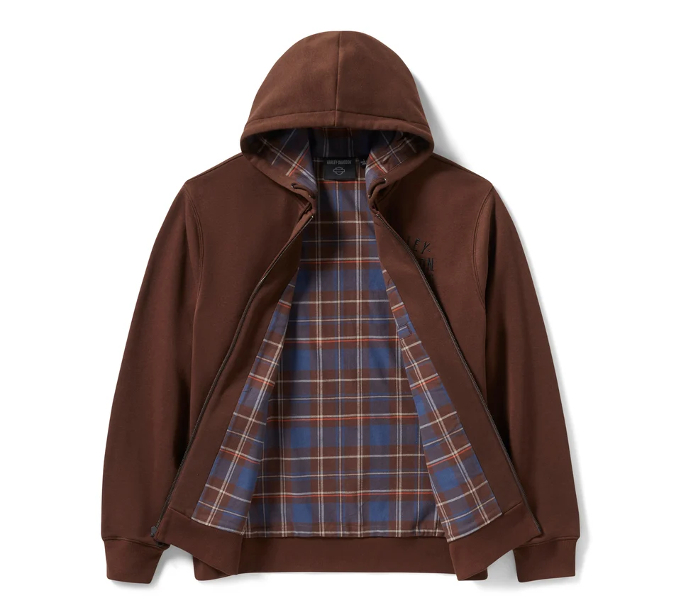 Felpa con cappuccio foderata in plaid con cerniera - Coffee