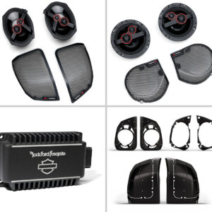 Kit audio Harley-Davidson Stage III ROCKFORD FOSGATE a 4 altoparlanti con sistema di integrazione nel coperchio delle borse laterali.