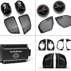 Kit audio Harley-Davidson Stage III ROCKFORD FOSGATE a 4 altoparlanti con sistema di integrazione nel coperchio delle borse laterali.
